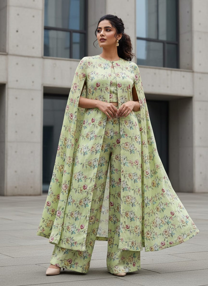 Lime Green Tusser Silk Floral Print Fabric