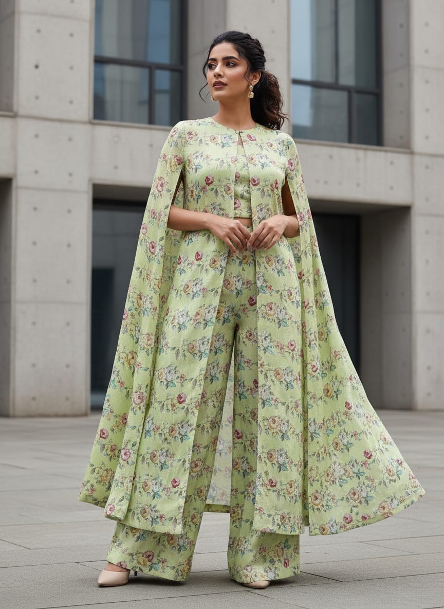 Lime Green Tusser Silk Floral Print Fabric