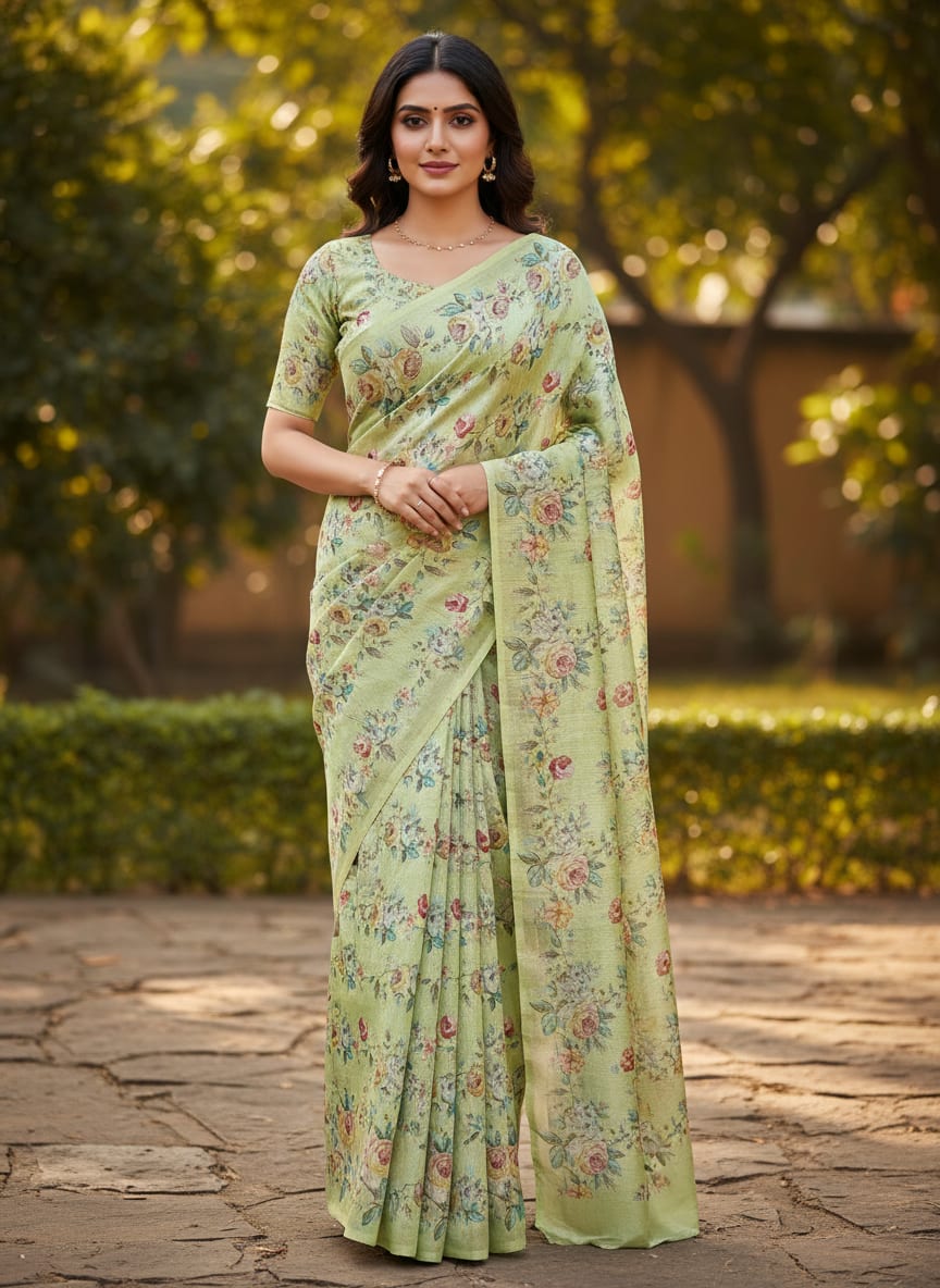 Lime Green Tusser Silk Floral Print Fabric