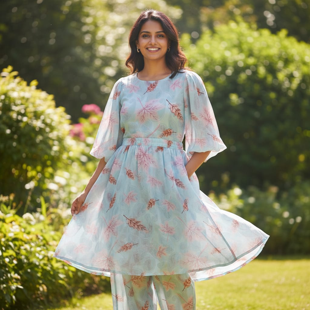 Light Blue Brasso Fabric with Pink Leaves