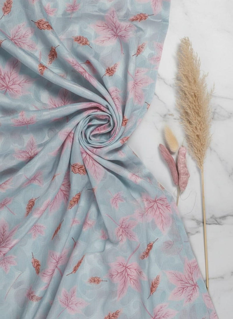 Light Blue Brasso Fabric with Pink Leaves