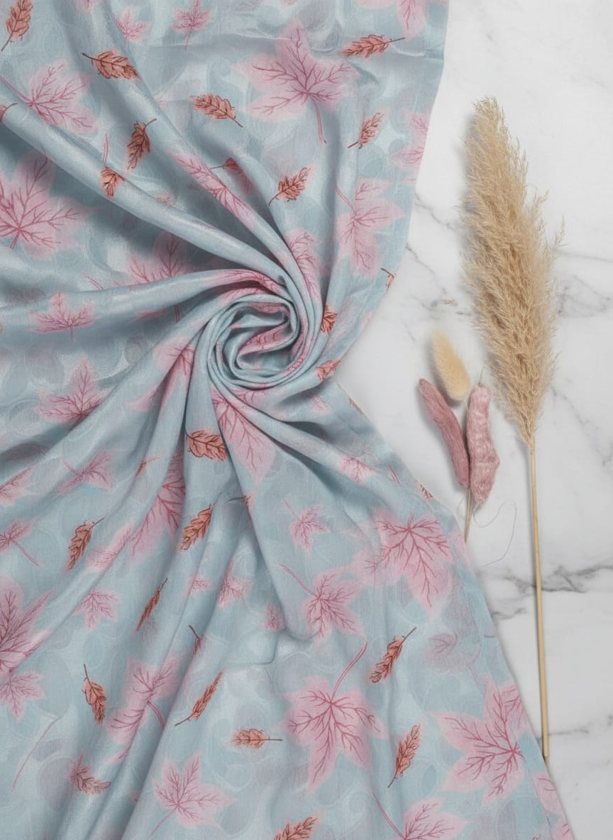 Light Blue Brasso Fabric with Pink Leaves