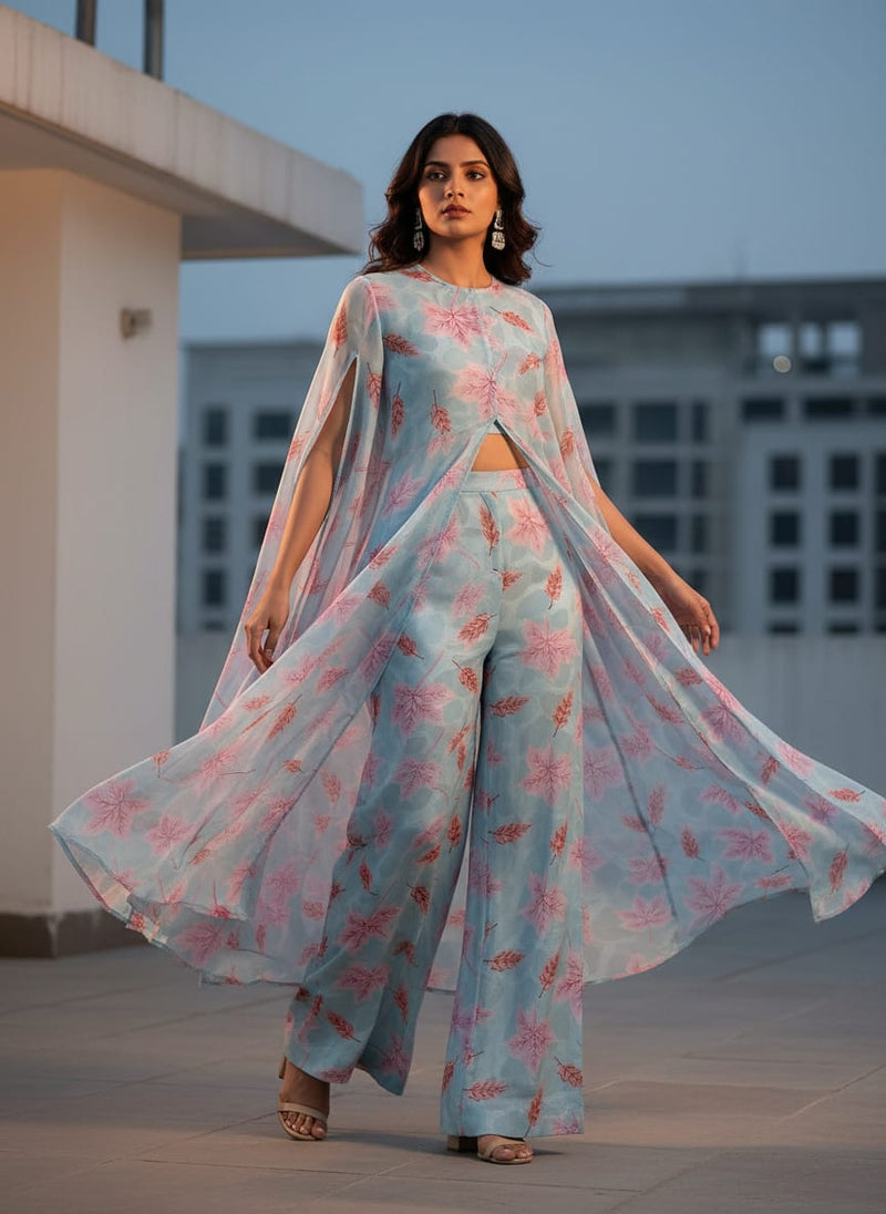 Light Blue Brasso Fabric with Pink Leaves