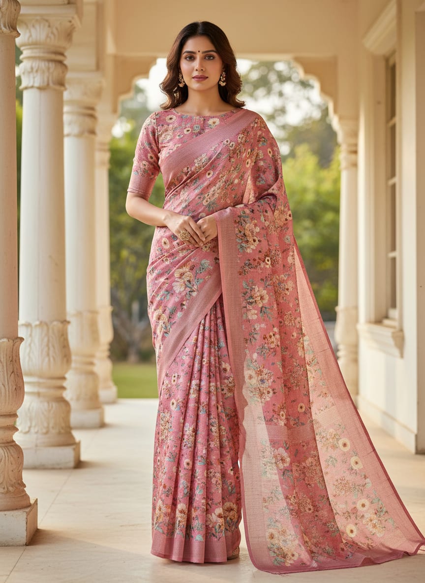 Pink Floral Tusser Silk Fabric