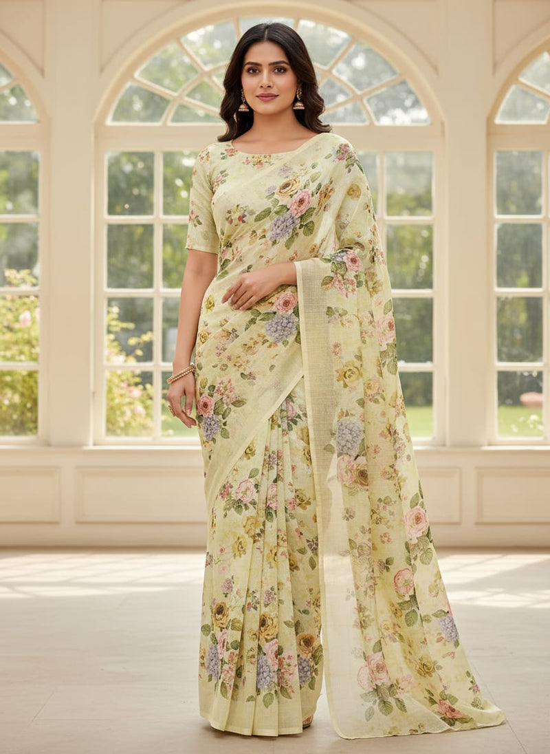 Polyester Kota Doria Floral Print in Cream Yellow & Pink