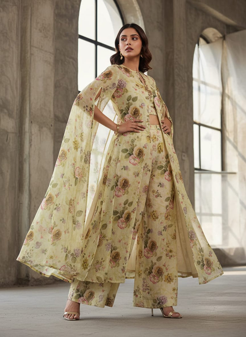 Polyester Kota Doria Floral Print in Cream Yellow & Pink