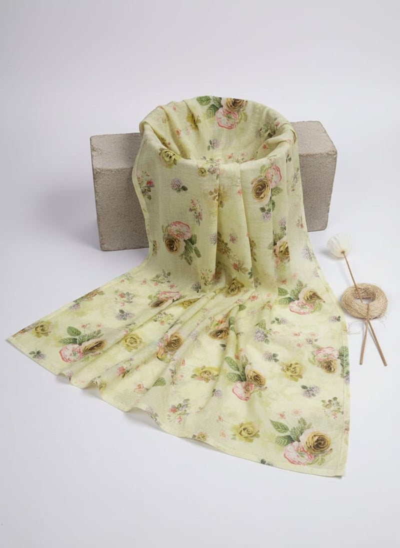 Polyester Kota Doria Floral Print in Cream Yellow & Pink