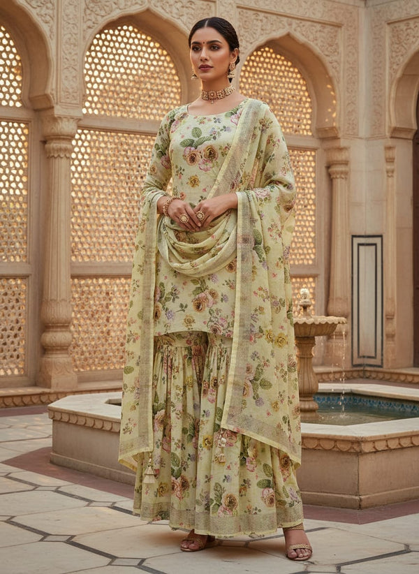 Polyester Kota Doria Floral Print in Cream Yellow & Pink - Gharara Set Lookbook - KD-0-TA07531-110 - alternate view
