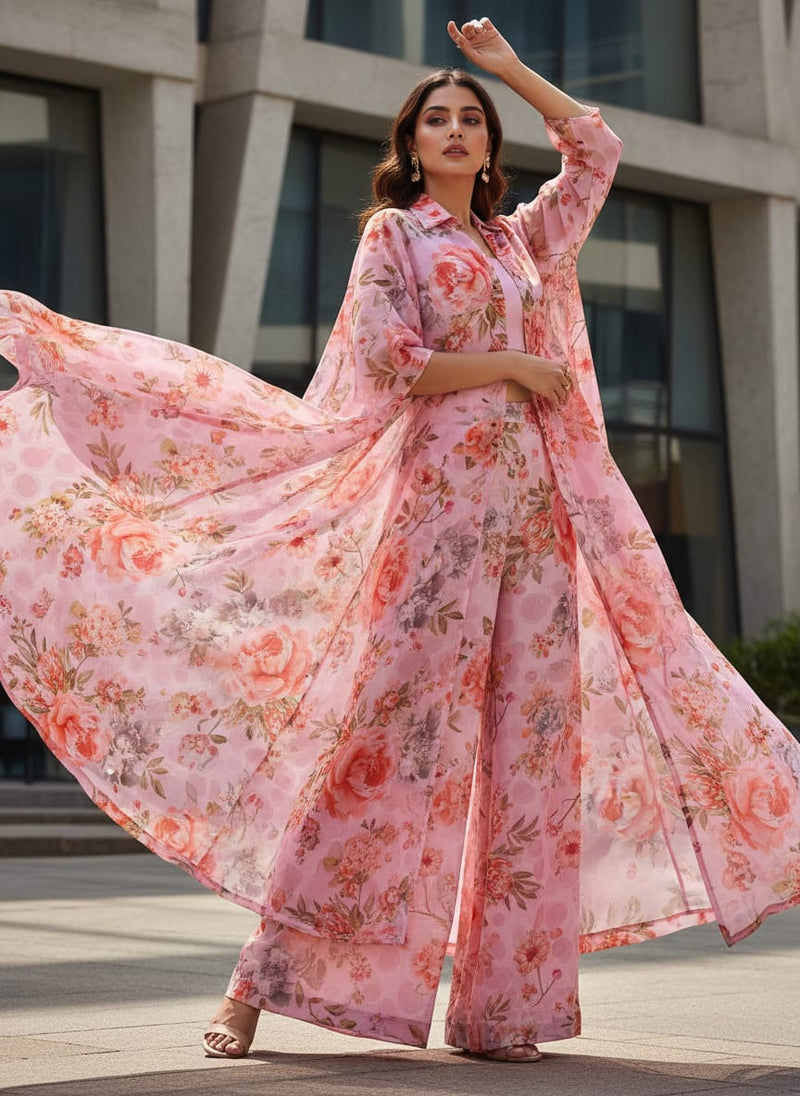 Pink Floral Brasso Dress Material Fabric