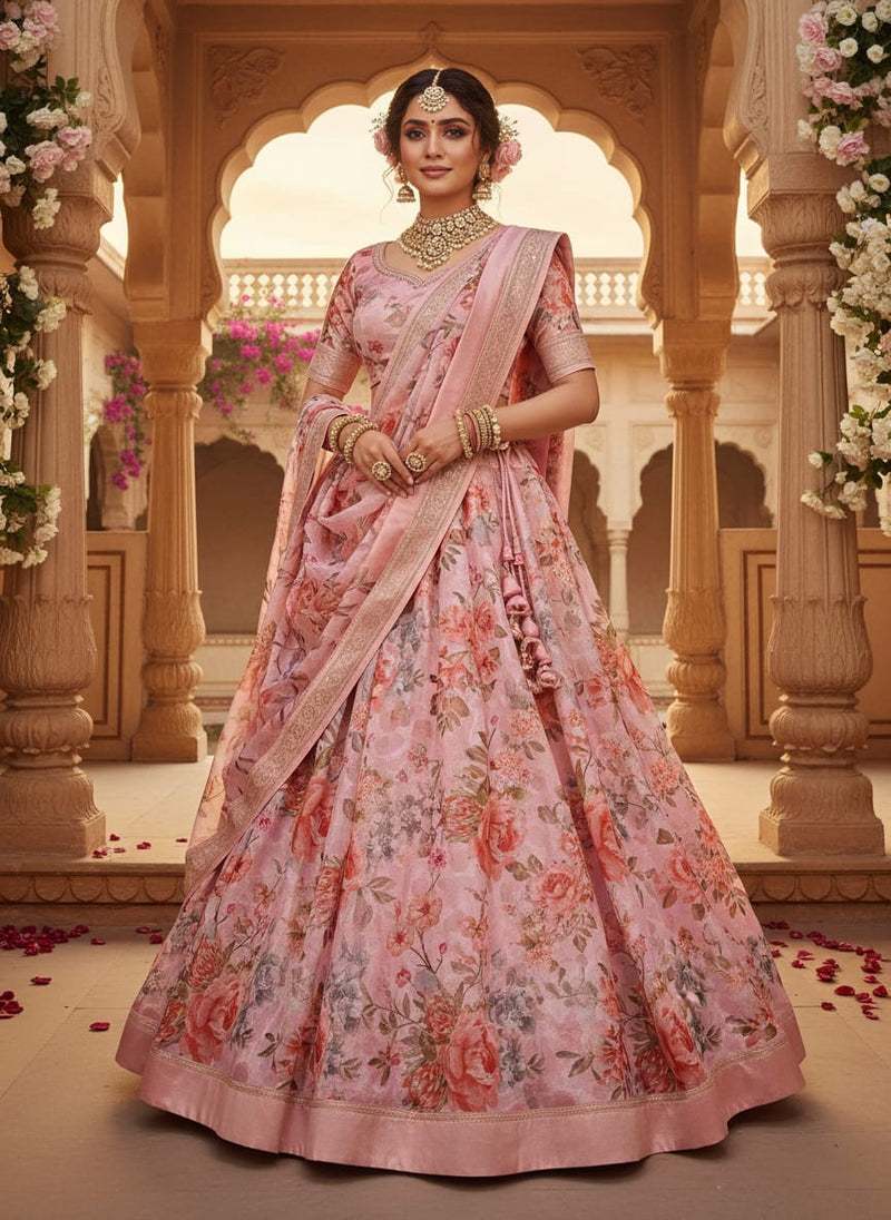 Pink Floral Brasso Dress Material Fabric