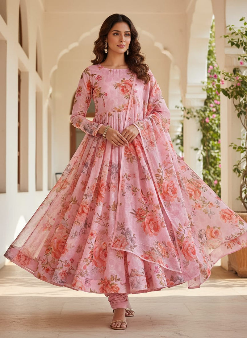 Pink Floral Brasso Dress Material Fabric