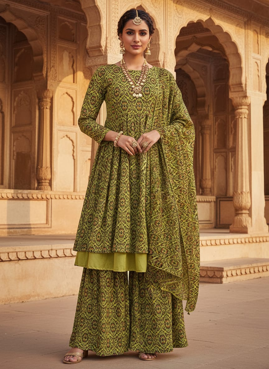 Lime Green Chinon Fabric with Damask Print
