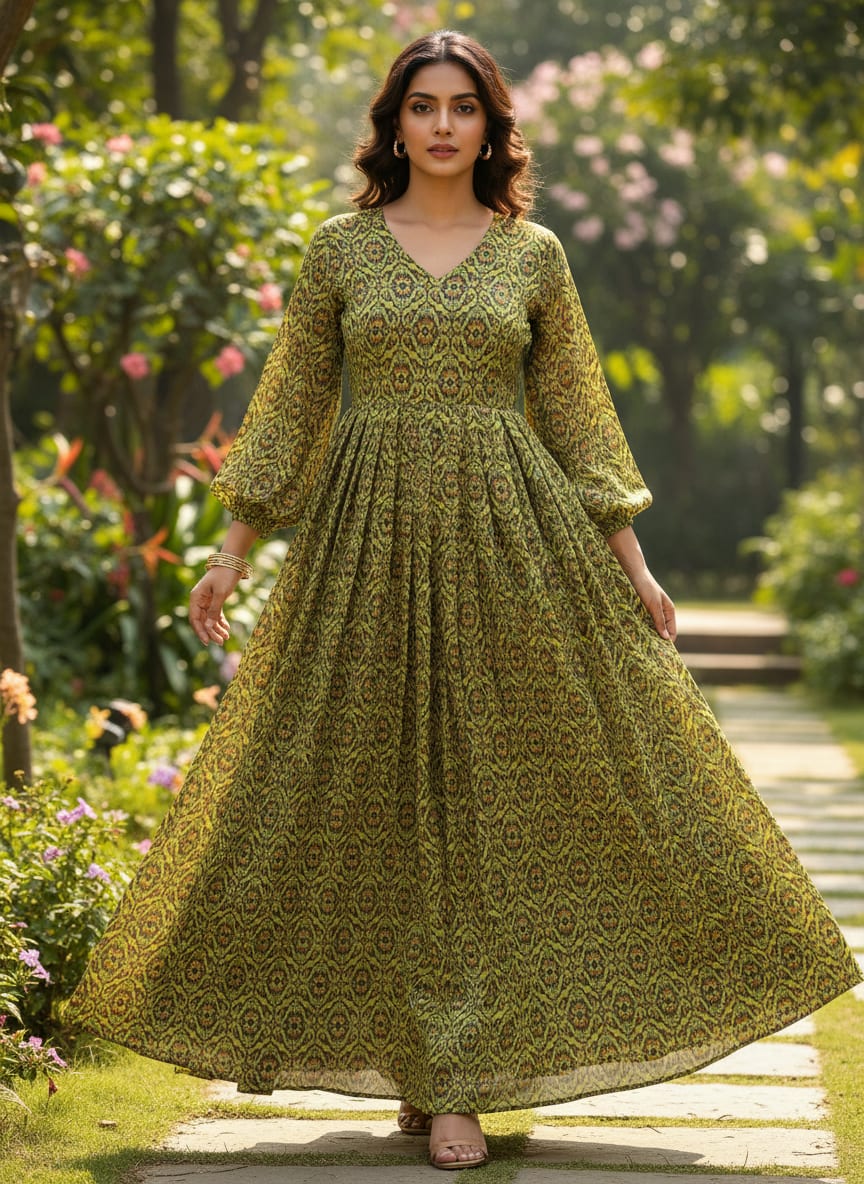 Lime Green Chinon Fabric with Damask Print