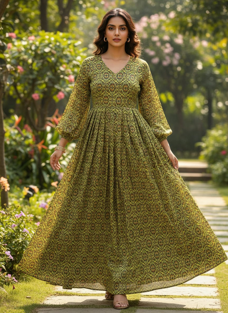 Lime Green Chinon Fabric with Damask Print