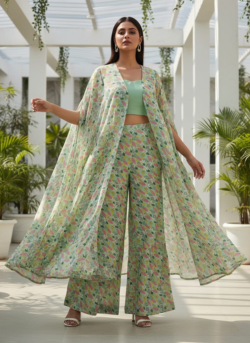 Green Chinon Floral Printed Dress Fabric