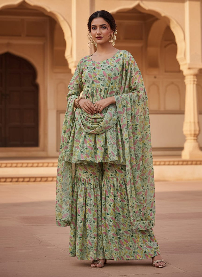 Green Chinon Floral Printed Dress Fabric