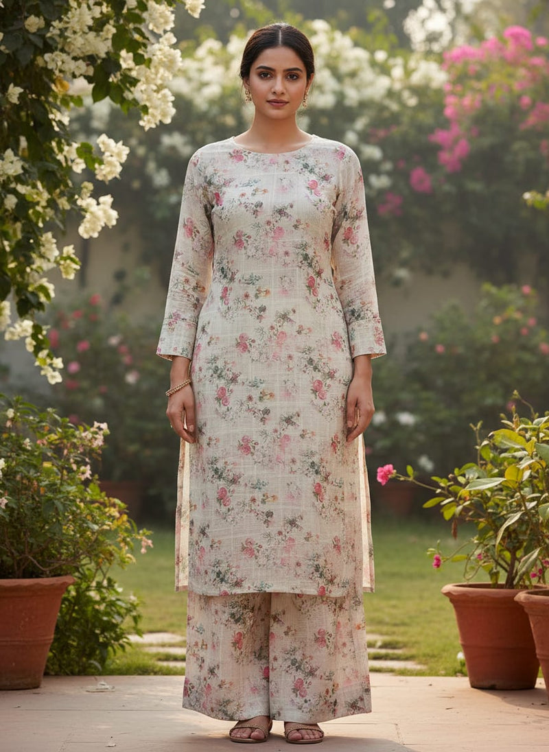 Cream Floral Grid Linen Look Fabric