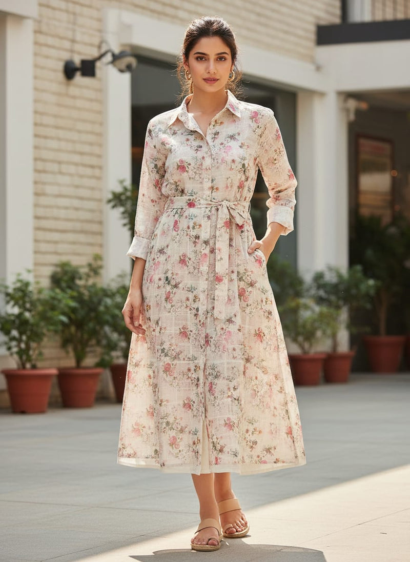 Cream Floral Grid Linen Look Fabric