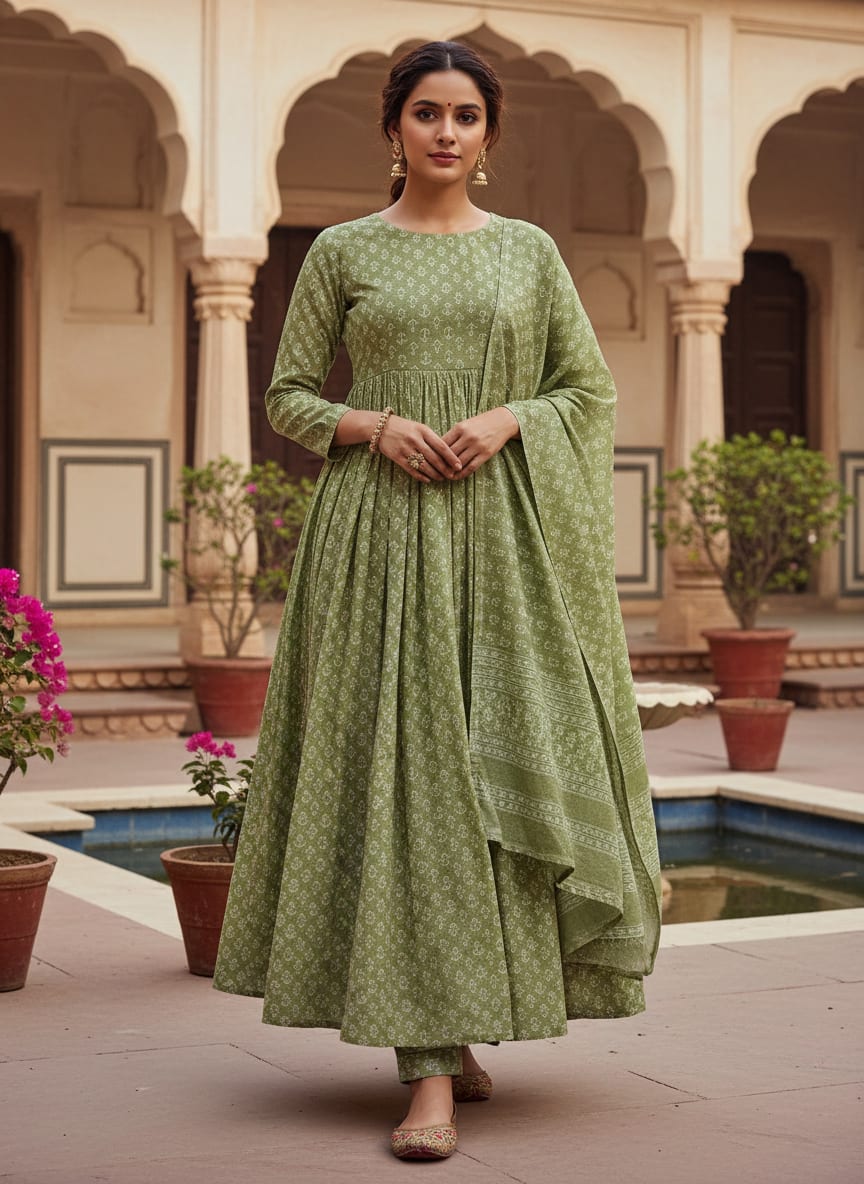 Green Anchor Print Tusser Silk Fabric