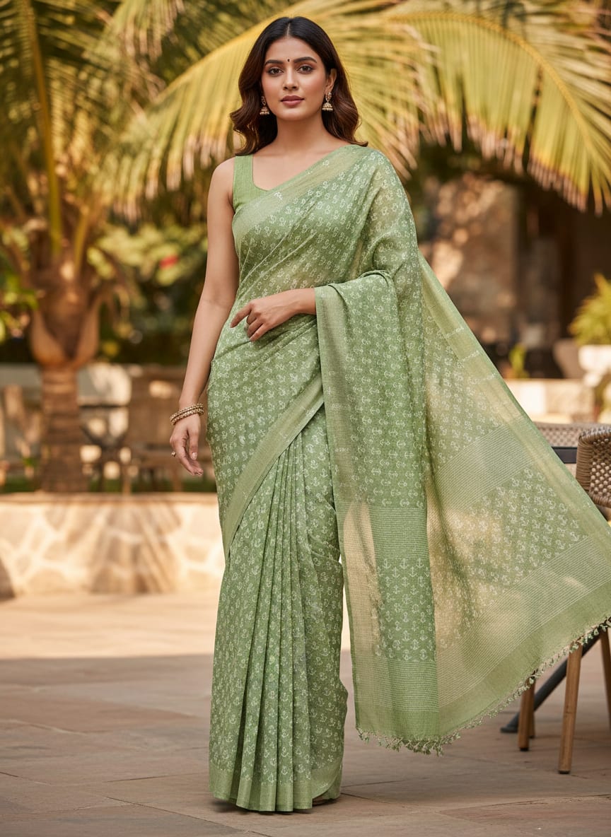 Green Anchor Print Tusser Silk Fabric