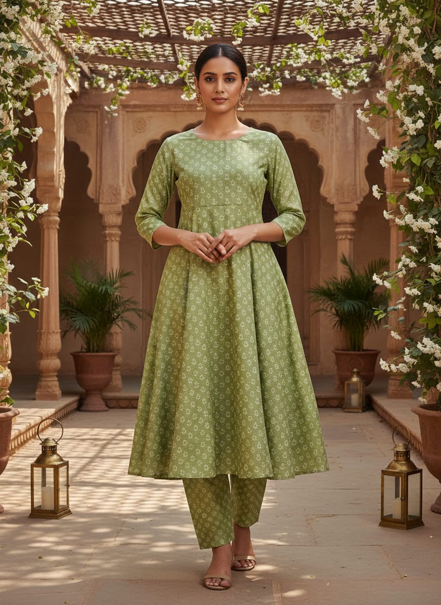 Green Anchor Print Tusser Silk Fabric