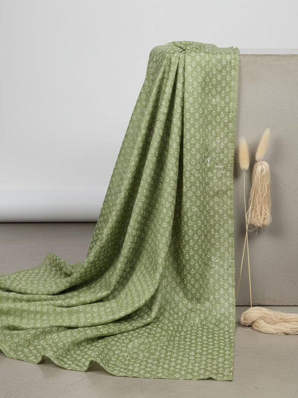 Green Anchor Print Tusser Silk Fabric