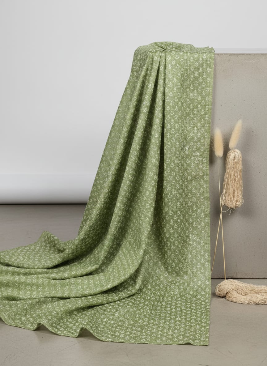 Green Anchor Print Tusser Silk Fabric