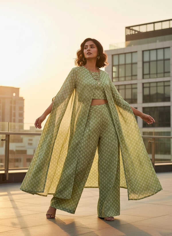 Green Anchor Print Tusser Silk Fabric - Cape with Palazzo Lookbook - TS-0-MA08512-110 - alternate view