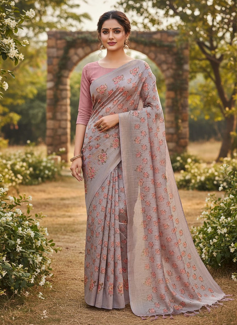 Grey Rose Print Tusser Silk Fabric