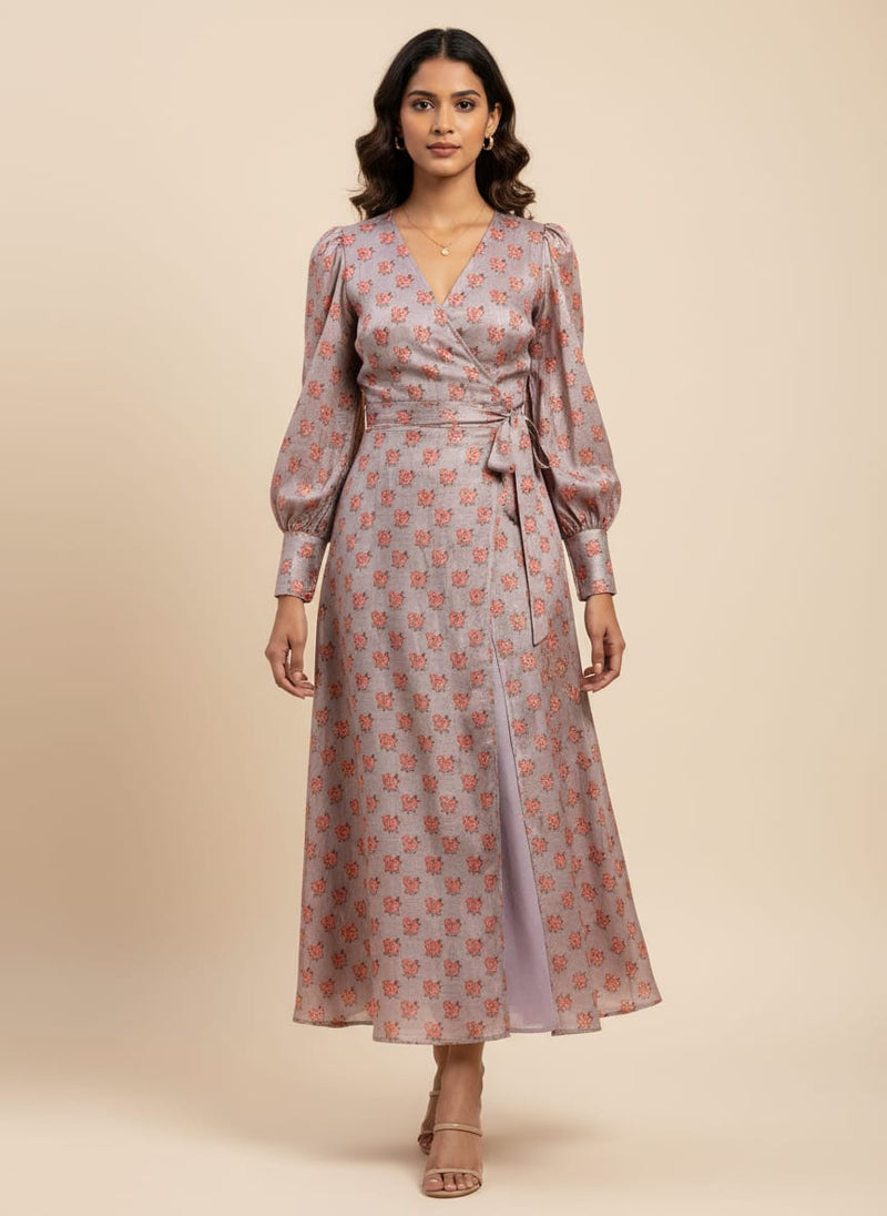 Grey Rose Print Tusser Silk Fabric