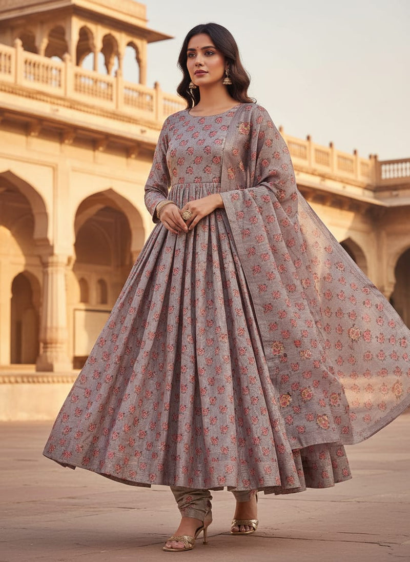 Grey Rose Print Tusser Silk Fabric
