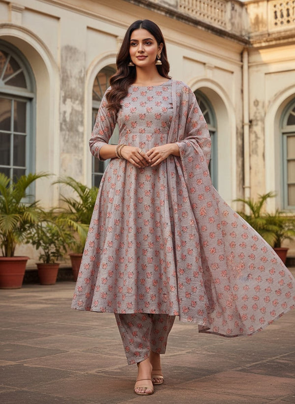 Grey Rose Print Tusser Silk Fabric - A-Line Kurta with Salwar Lookbook - TS-0-MA017244-110 - alternate view