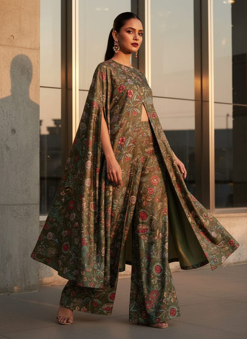 Dola Silk Floral Botanical Print Fabric - Olive Green