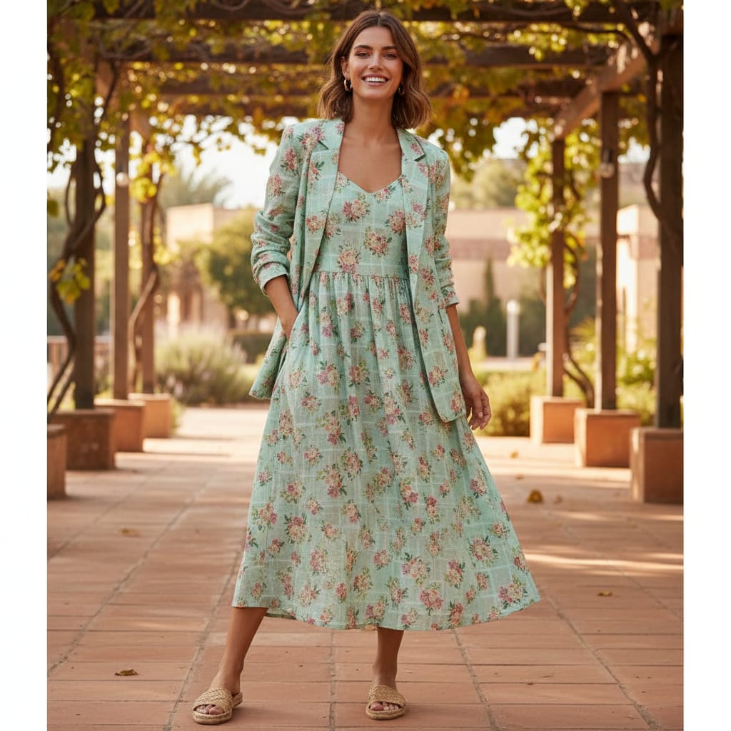 Mint Green Floral Printed Linen Fabric