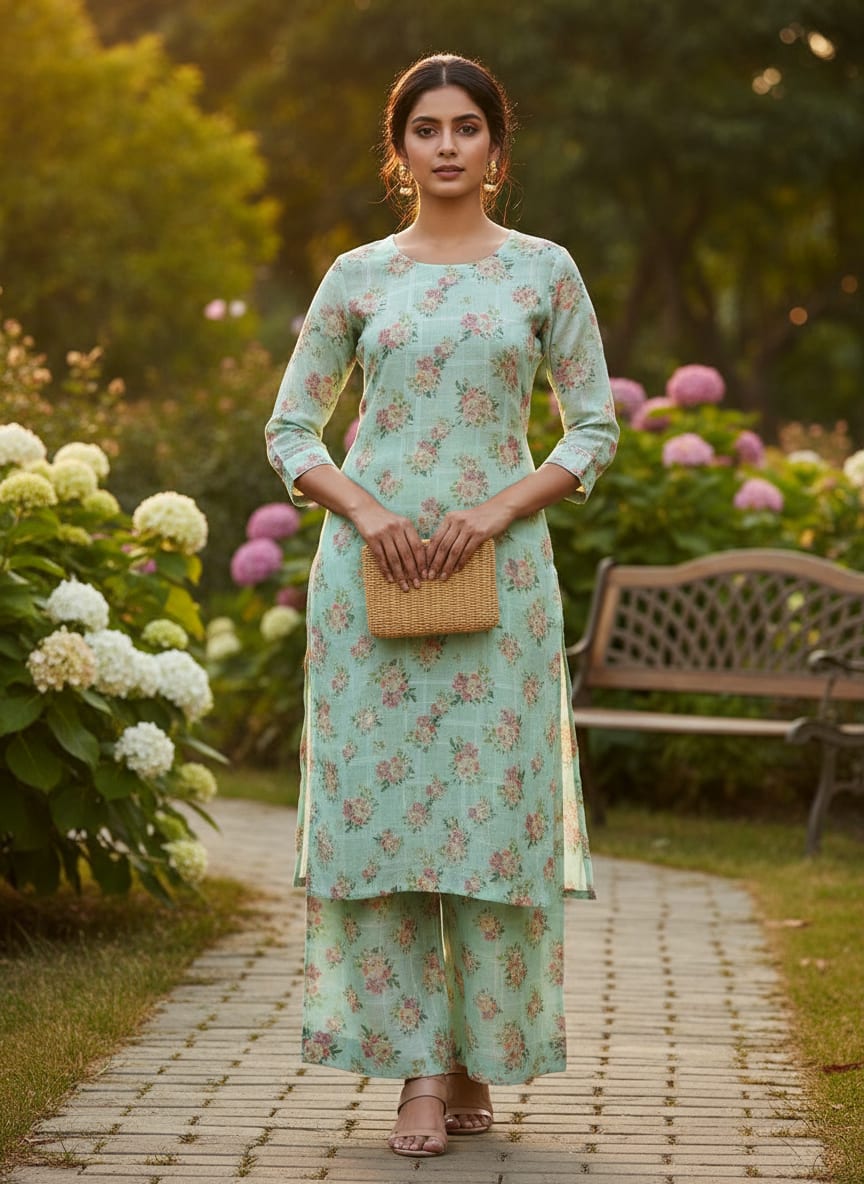 Mint Green Floral Printed Linen Fabric