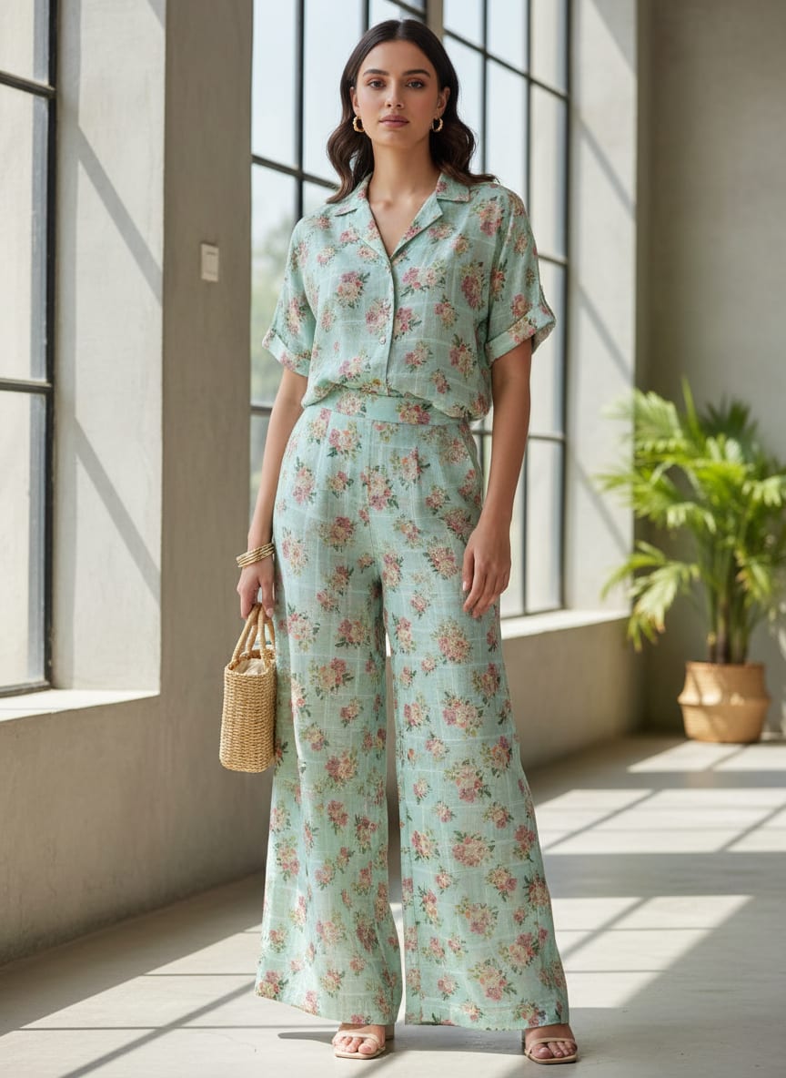 Mint Green Floral Printed Linen Fabric