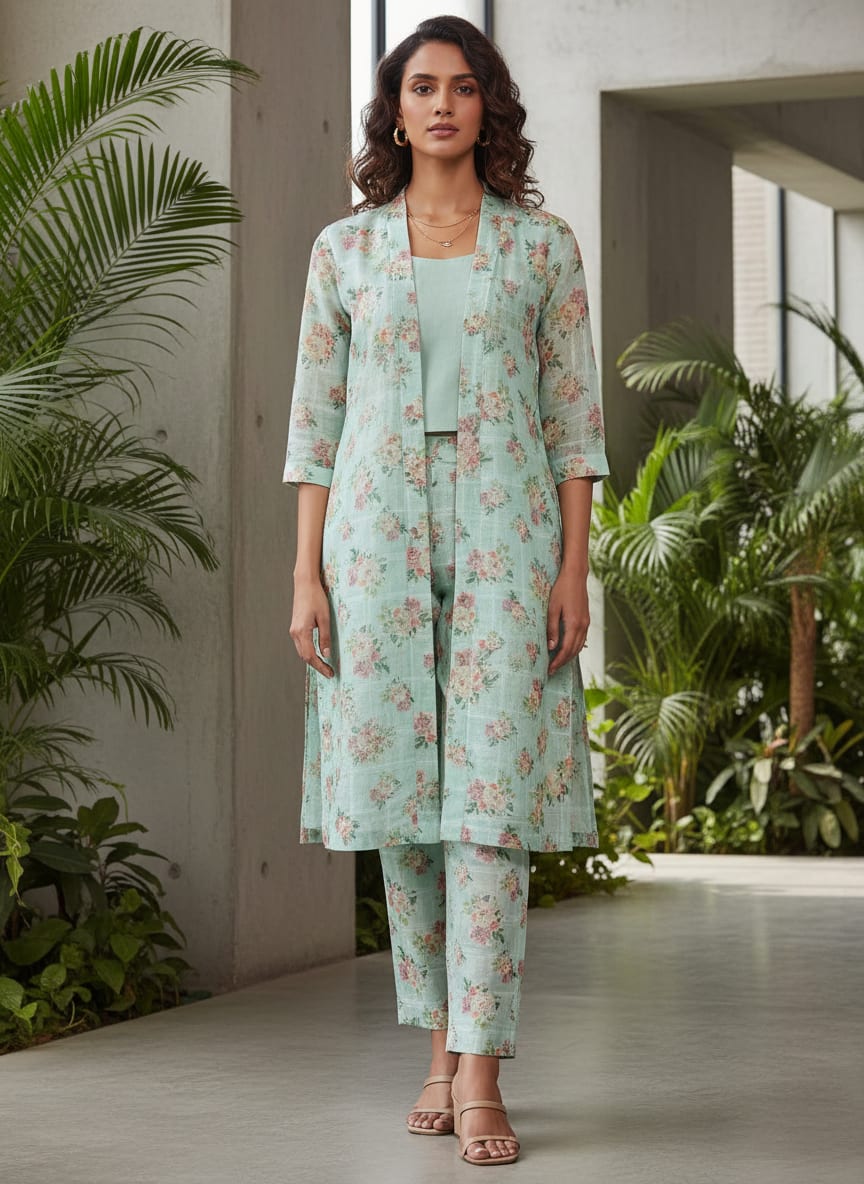 Mint Green Floral Printed Linen Fabric