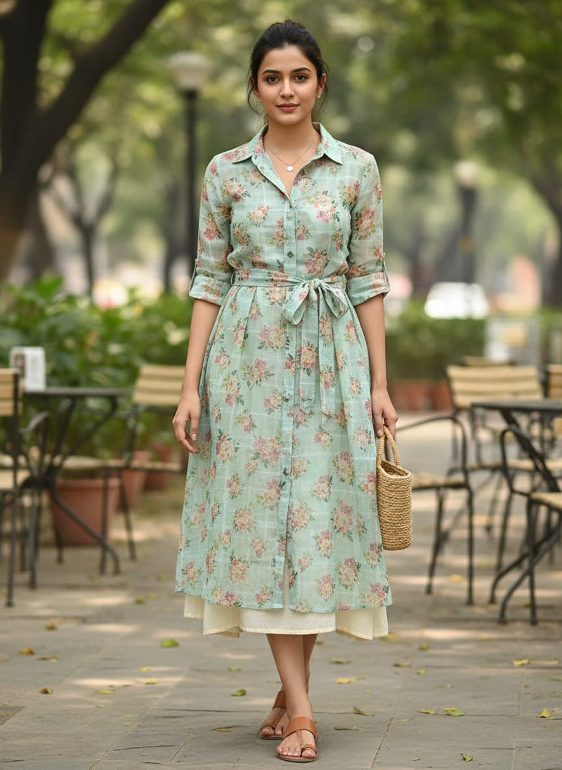Mint Green Floral Printed Linen Fabric