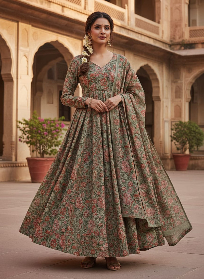 Green & Red Floral Printed Tusser Silk