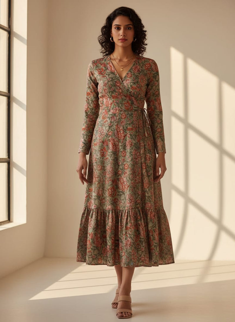 Green & Red Floral Printed Tusser Silk
