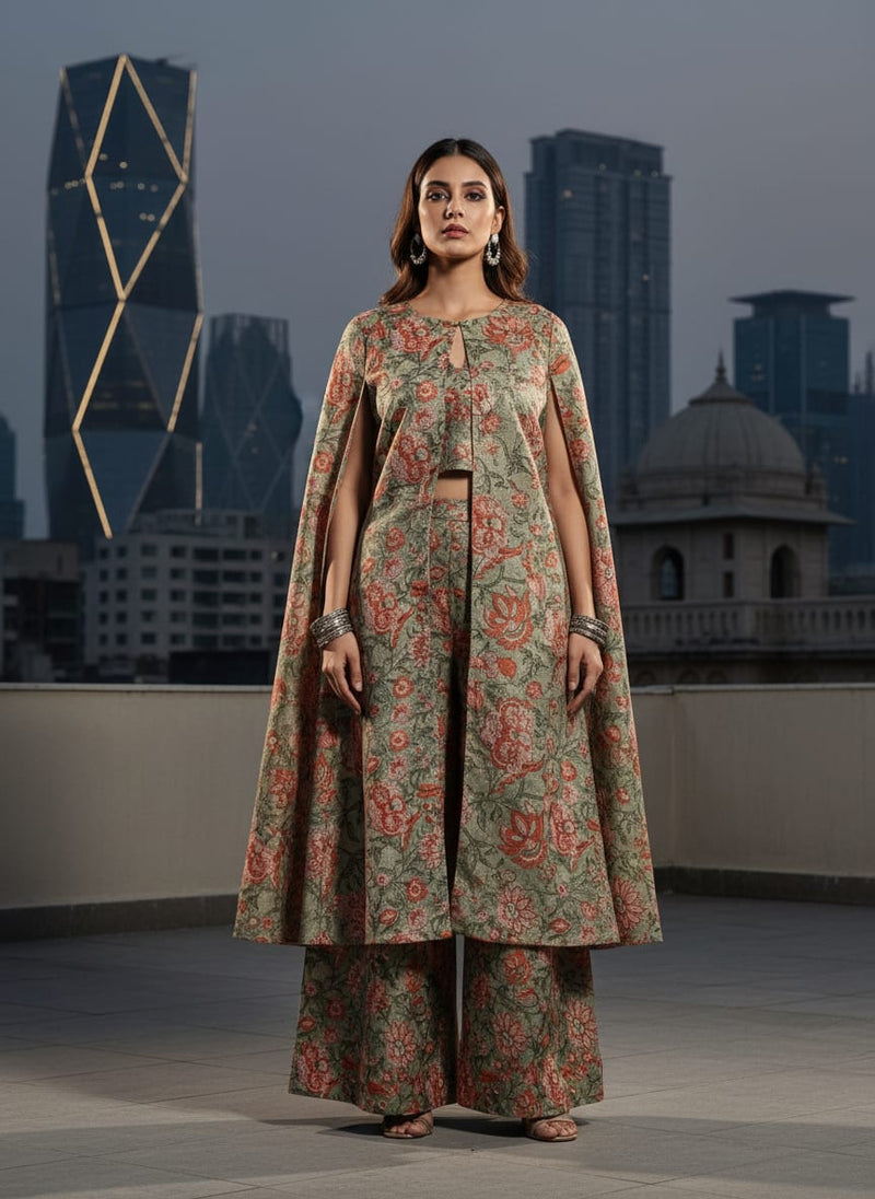 Green & Red Floral Printed Tusser Silk