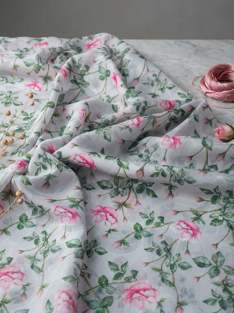 Grey Watercolor Roses Brasso Digital Printed Fabric