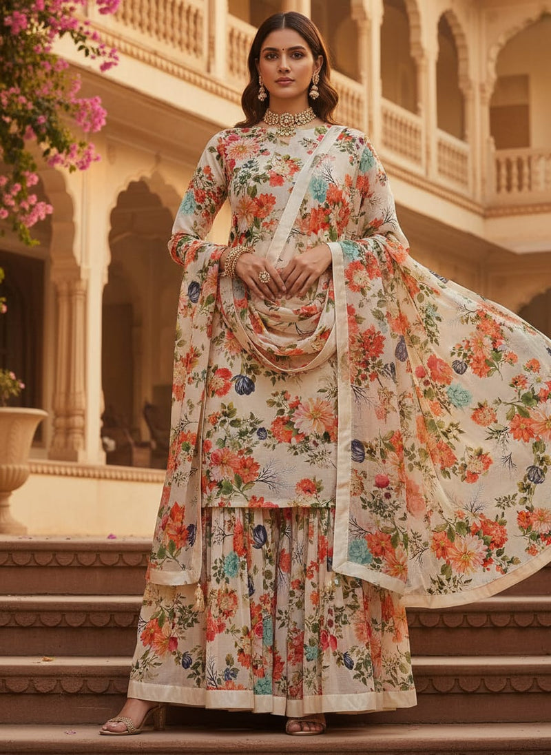 Elegant Floral Watercolour Print Chinon Fabric for Kurtas