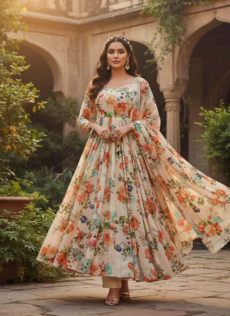 Elegant Floral Watercolour Print Chinon Fabric for Kurtas