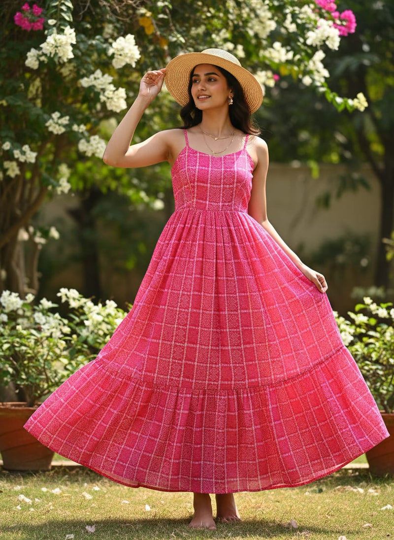 Fuchsia Pink Bandhej Checkered Pattern Chinon Fabric