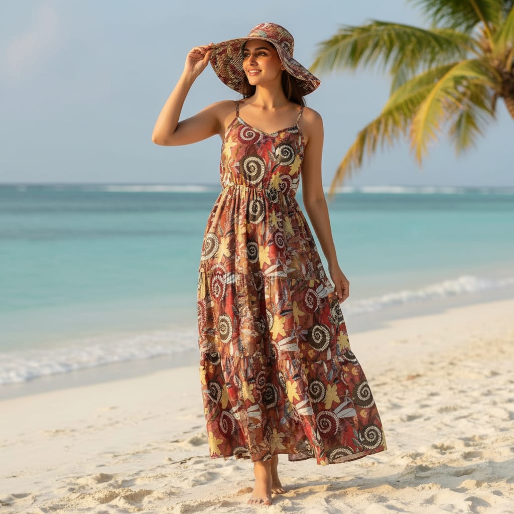 Red & Gold Abstract Bohemian Spiral Print Chinon Fabric