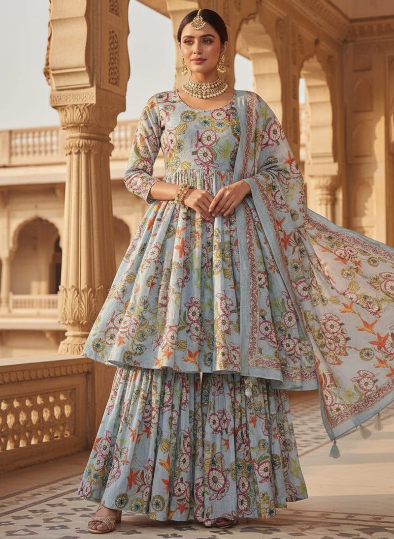 Pastel Blue Chinon Fabric with Colourful Floral Print