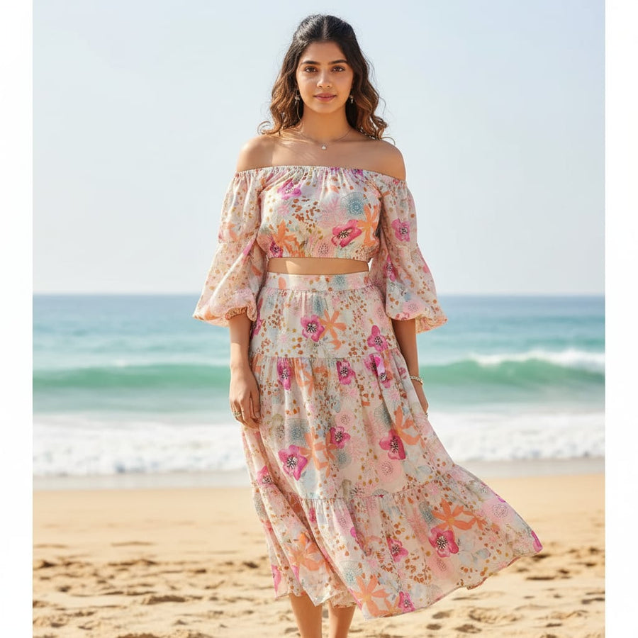 Pastel & Bright Floral Sketch Print Chinon Fabric