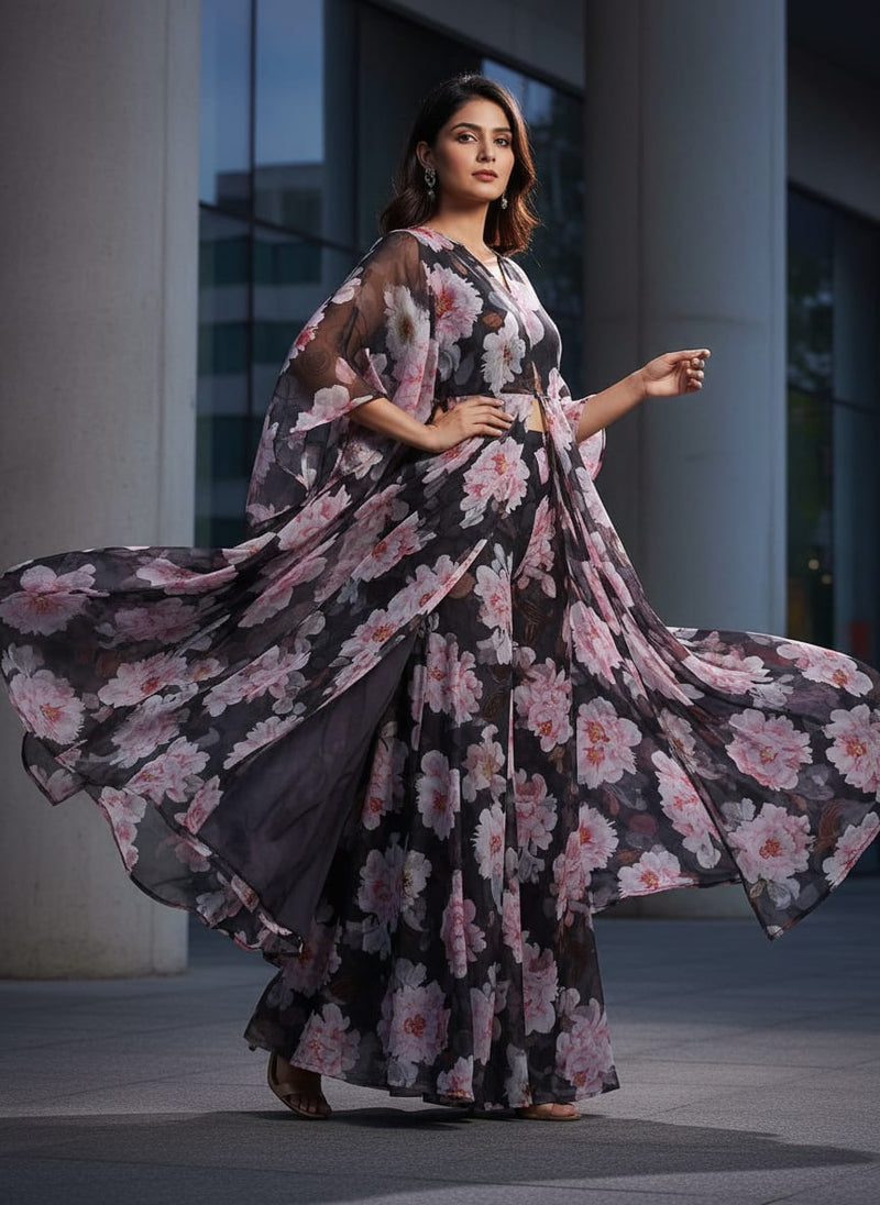 Elegant Black Brasso Fabric with Pink & White Floral Print