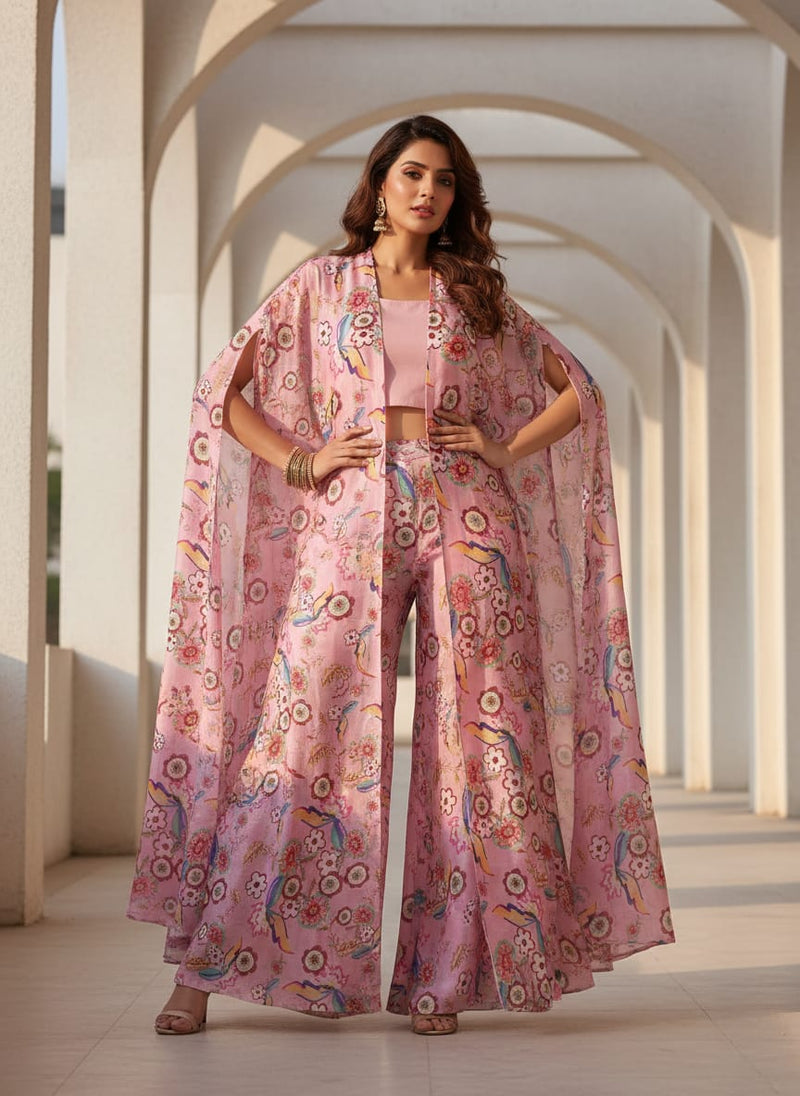 Pink Bohemian Floral & Bird Motif Printed Chinon Fabric